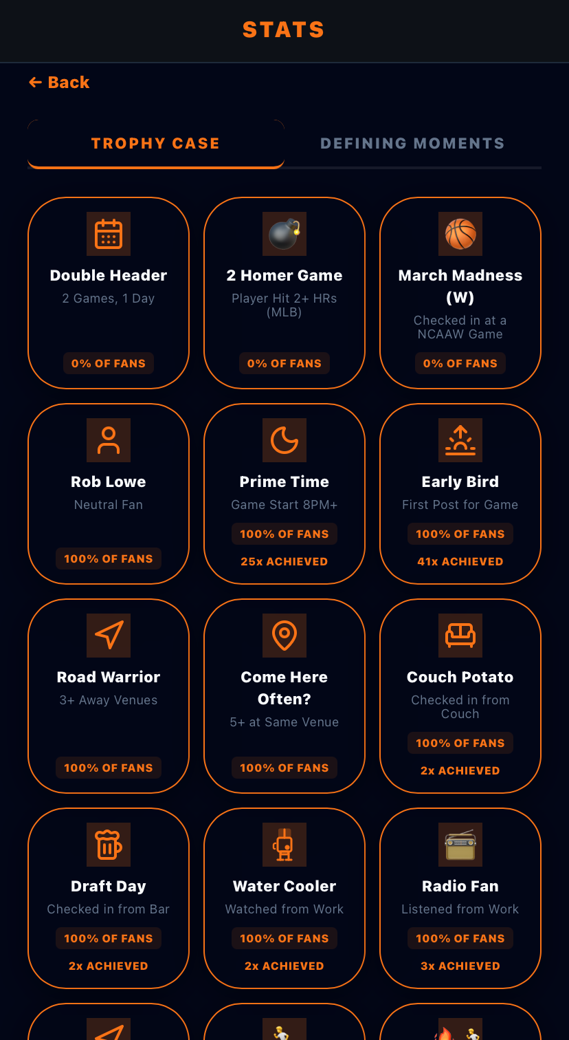 Fan Stat badges collection showing earned achievements