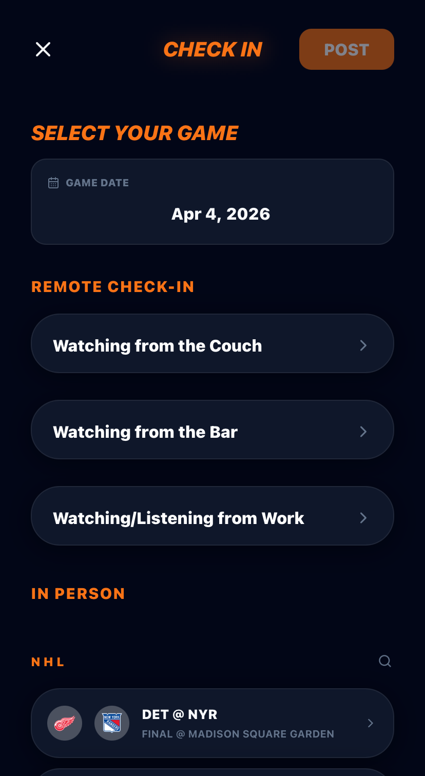 Fan Stat game check-in screen with section row and seat