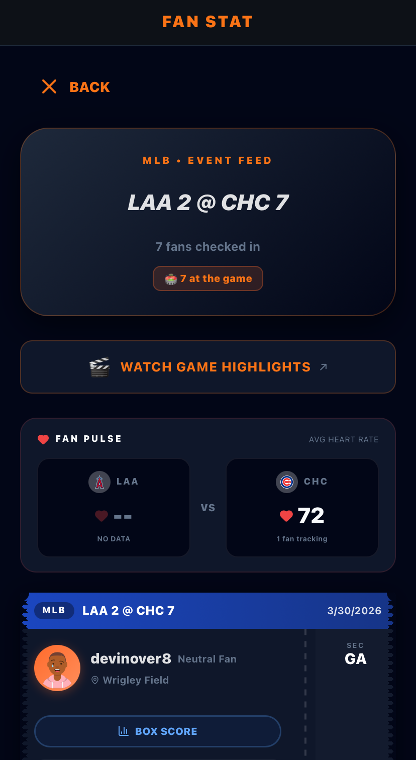Fan Stat event feed showing all fans checked in to a game