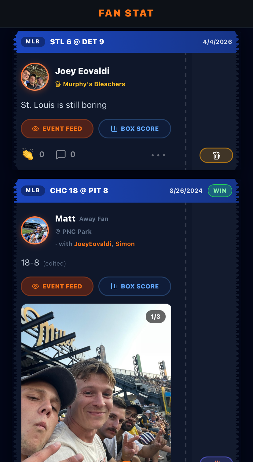 Fan Stat social feed showing live game check-ins from friends