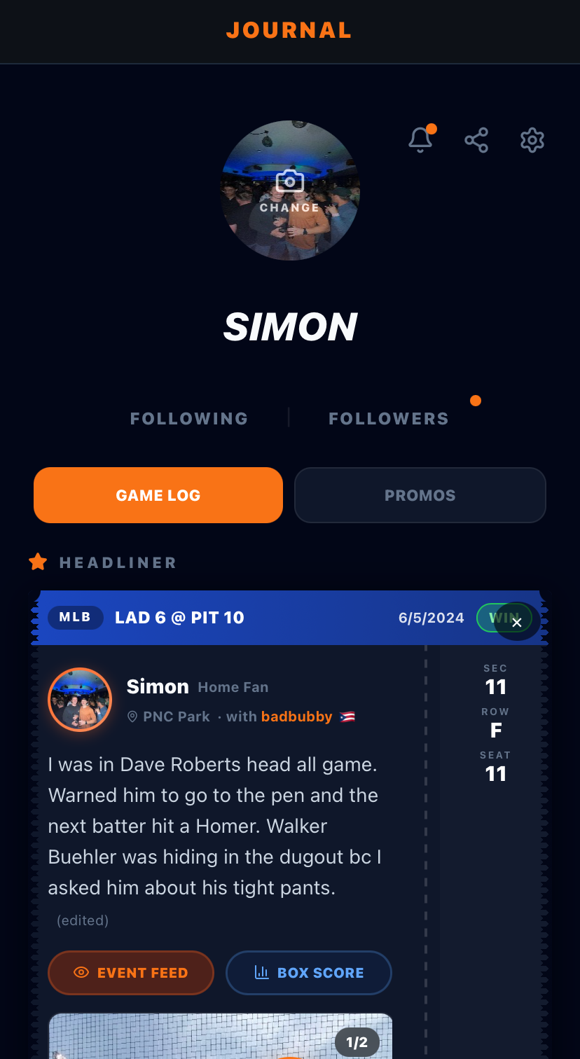 Fan Stat journal showing every game attended with photos